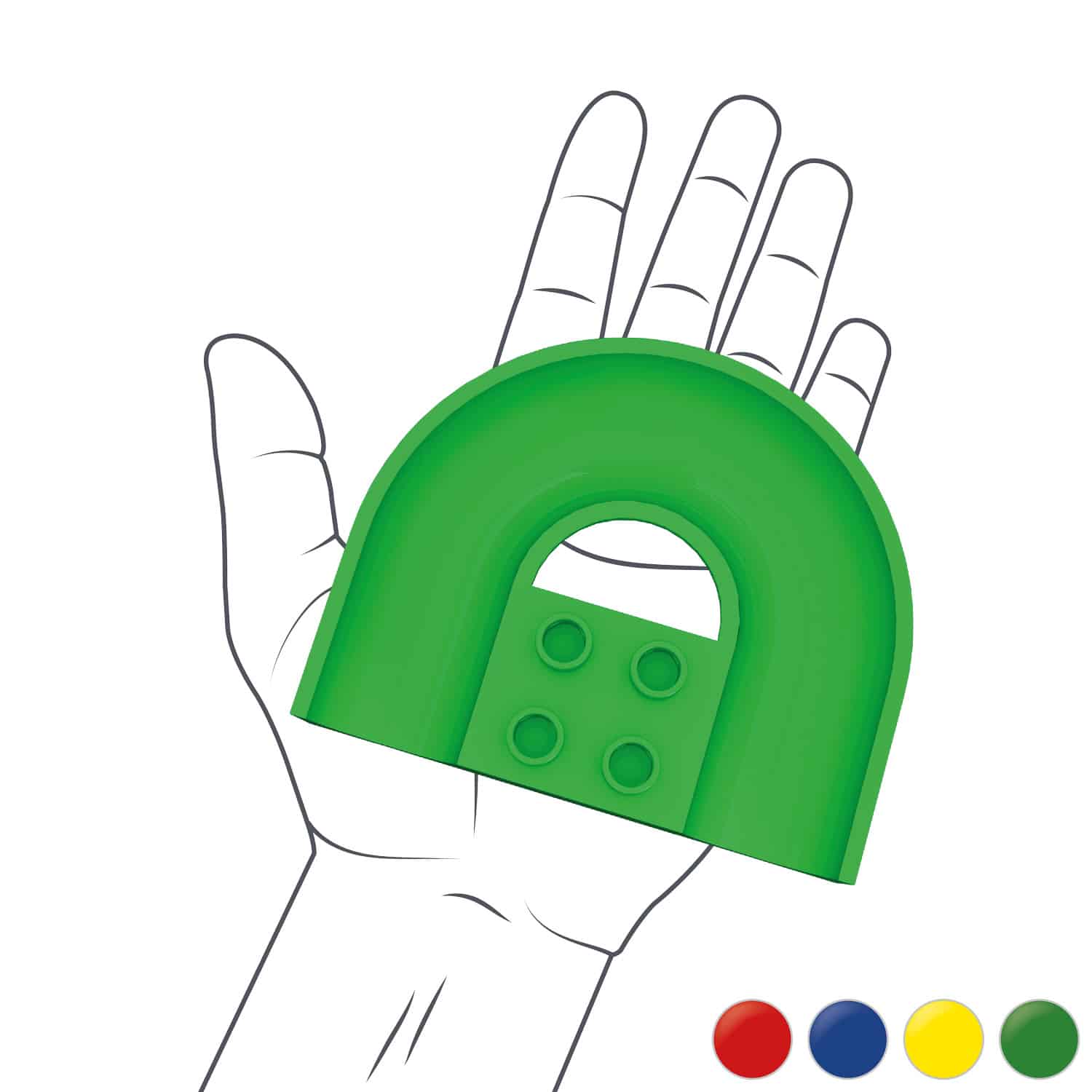 Hand mit Hubelino Kugelbahn Baustein Kurve grüm