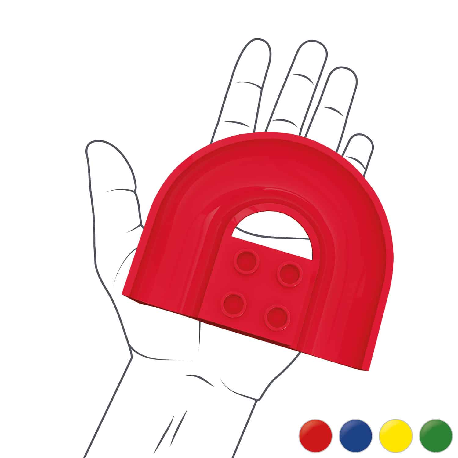 Hand mit Hubelino Kugelbahn Baustein Kurve Rot