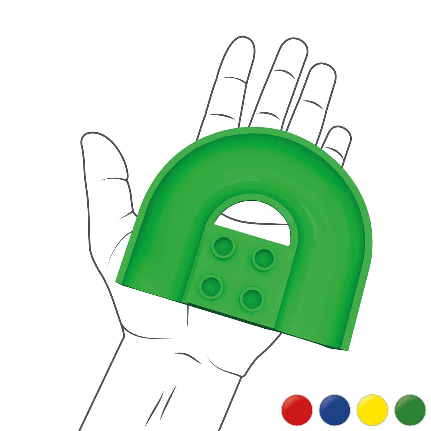 Hand mit Hubelino Kugelbahn Baustein Kurve Grün